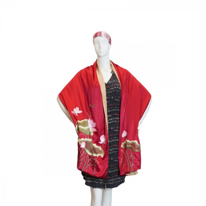 Red silk scarf hand-embroidered with the lotus  53*200 cm- Different  models